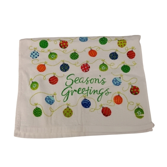 Kitchen Hand Towel Christmas Seasons Greetings Ornaments Holiday Red Green Blue - Picture 1 of 3